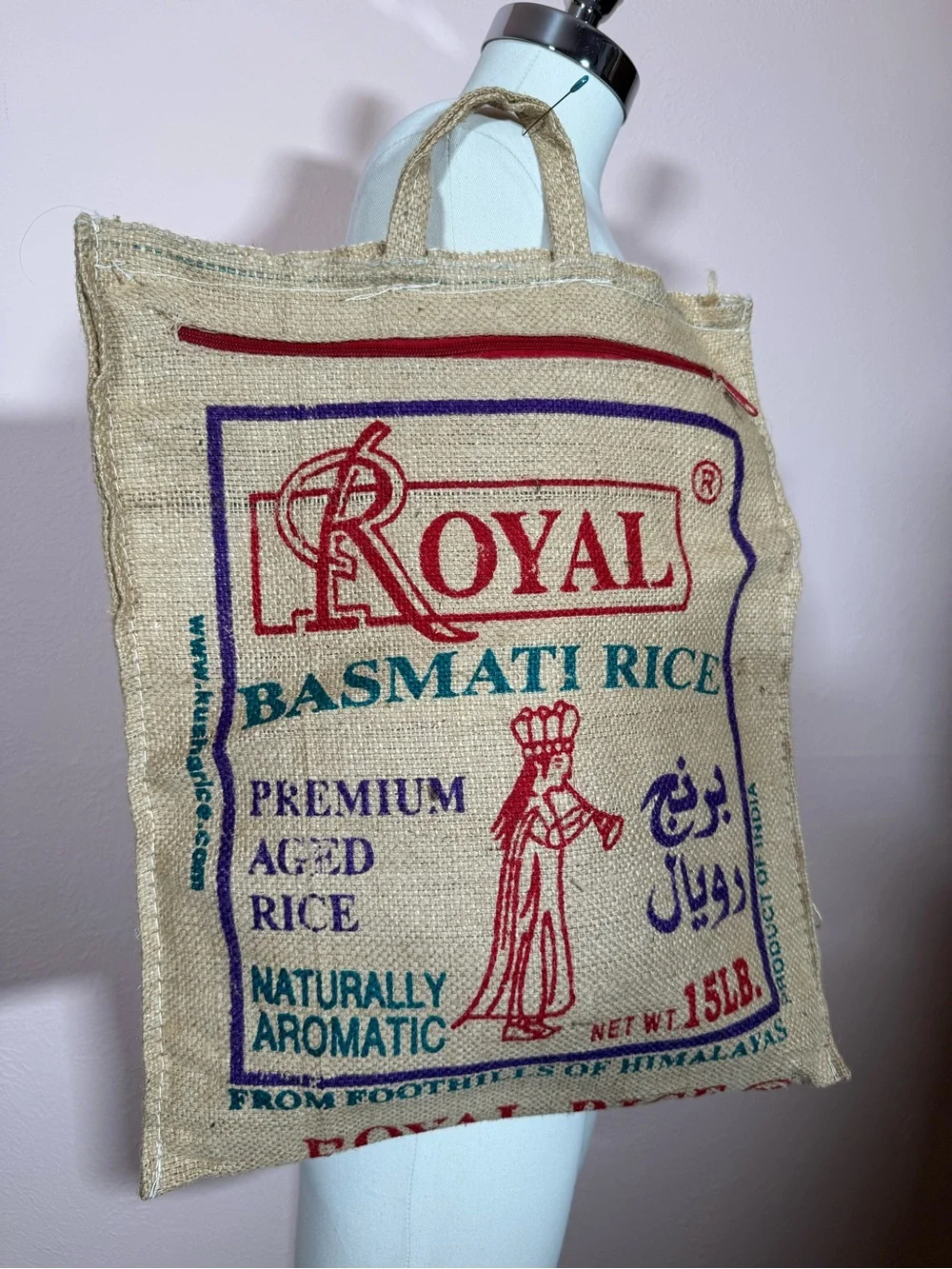 Vintage royal rice bag jute burlap zip top up cycled reusable bag